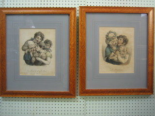 A pair of 19th Century French prints "Family Life" 11" x 8" contained in maple frames