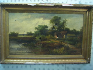 P Lexlie,  19th Century  oil on canvas "Rural Scene with Farm House and Figure Walking" 23" x 40" (severely holed in 4 places)