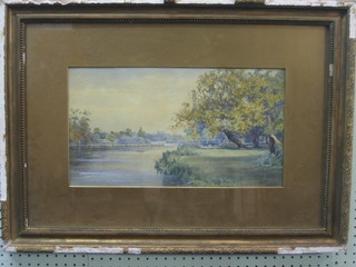 Watercolour drawing "Country Scene with River, Bridge and Standing Figures", indistinctly signed 10" x 17"