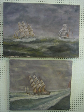 A pair of oil paintings on canvas "Ships in Heavy Seas" monogrammed C J A 18" x 22"