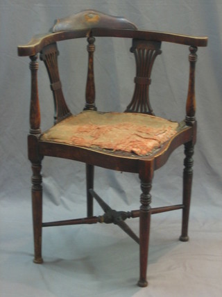 An Edwardian inlaid mahogany corner chair (requires some attention)