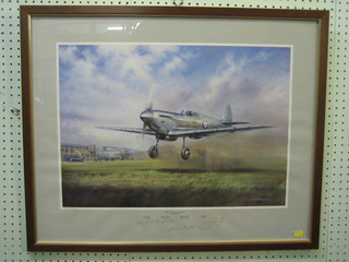 J W Mitchell, a coloured print "First Flight of the Spitfire" signed by Geoffrey Quill test pilot, E J Humphrey test pilot, Sammy Wroth and Jill Mitchell, with blind proof stamp 16" x 22"