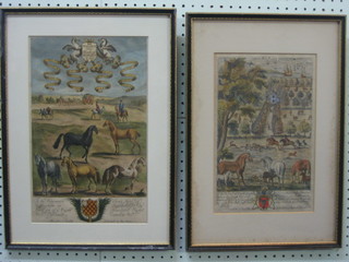 Ric Bloom - 4 18th Century coloured prints  "Horsemanship Treats of Horses" presented to the Honourable John Knoll, "Horsemanship" dedicated to the Right Honourable Sir John Skeffington, "The Manag'd Horses" to the Worshipful John Cuffs and "Horse Racing" to the Right Honourable Alderman Cappell, the reverse with Baynton-Williams label 76 Old Brompton Road, all contained in Hogarth frames 14" x 9"