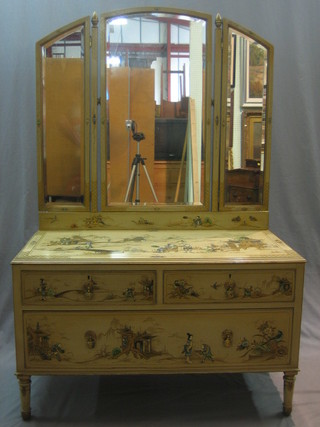 A chinoiserie dressing chest with triple plate mirror above 2 short and 2 long drawers 42"