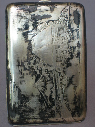 A Japanese white metal cigarette case decorated temples