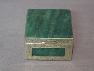 A square malachite coloured trinket box with hinged lid and "silver" mounts 2 1/2" (lid cracked)