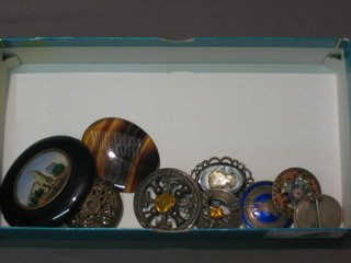 A micro mosaic brooch, a hardstone panel, 4 other brooches, a pendant, an enamel button and part of a buckle