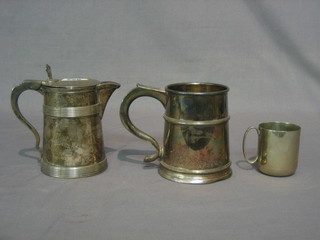 A Georgian style baluster silver plated jug, a silver plated tankard and a silver plated Christening tankard