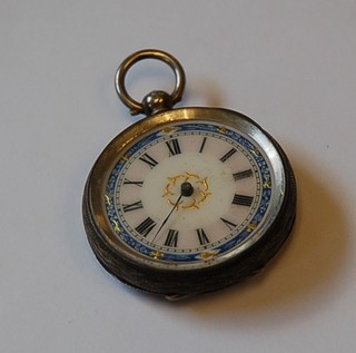 A continental open faced fob watch with enamelled dial contained in a silver case