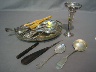 A silver plated specimen vase 11" together with a pierced cake basket and a small collection of plated items