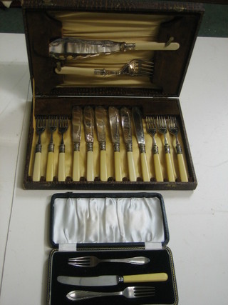A cased set of 6 silver plated fish knives and forks and a silver plated christening set, cased
