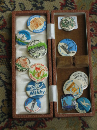 A 1957 enamelled Butlins Brighton badge, a Post Office Tower badge, a Mikky badge, a Sandown badge, 9 Youth Hostel badges - Southampton, Patcham Brighton, Winchester, Ewhurst Green, Crockham Hill Kent, Arundel, Portsmouth, Totland Bay Isle of Wight and Salisbury