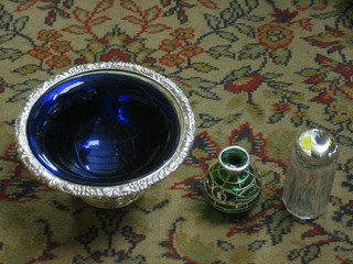 A cut glass pin jar with silver lid 3 1/2", a silver plated pedestal bowl 6" and a green glass overlay scent bottle