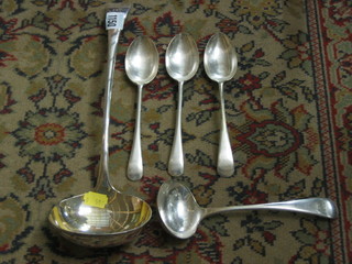 A silver plated Old English pattern ladle, a sauce ladle and 3 Old English pattern table spoons