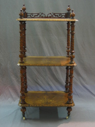 A Victorian inlaid walnut 3 tier what-not with pierced three-quarter gallery 21"