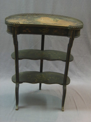 A 19th Century lacquered 3 tier etagere with pierced brass gallery, fitted a drawer raised on cabriole supports 23" (requires some attention)