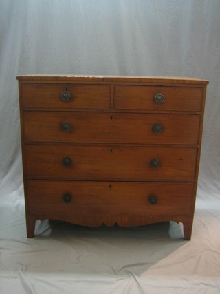 A 19th Century mahogany chest of 2 short and 3 long drawers with brass handles, raised on splayed bracket feet 43"