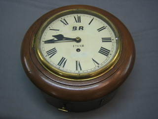 A British Railways fusee wall clock with 8" circular painted dial with Roman numerals marked BR 171 SR, the back plate marked 6472 London