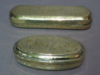 An  18th/19th Century oval Eastern engraved brass tobacco box 6 1/2" together with a smaller oval ditto 4 1/2"