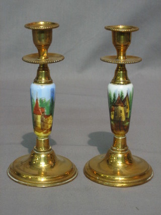 A pair of 19th Century Continental brass and porcelain candlesticks 8" (f)