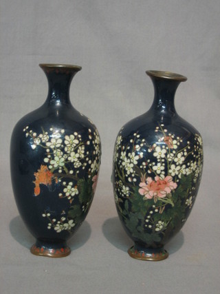 A pair of 19th Century black ground cloisonne vases with floral decoration 8" (1f)