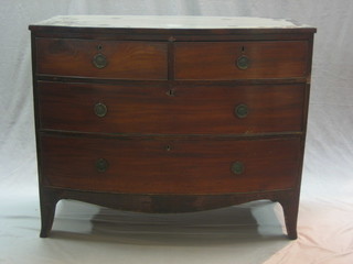 A Georgian mahogany bow front chest of 2 short and 2 long drawers, raised on splayed bracket feet 41"