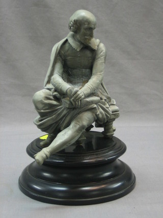 A silver plated spelter figure of a seated William Shakespeare 8", raised on a socle base
