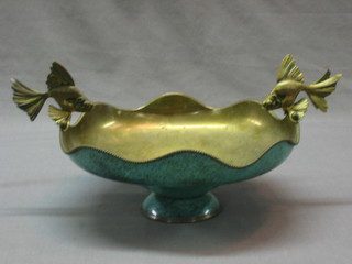 A 1950's  verdigris brass twin handled bowl decorated fish 9"