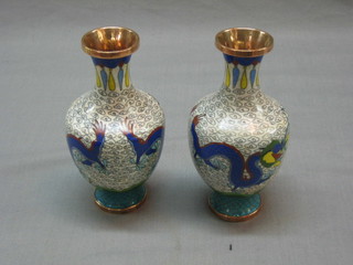 A pair of cloisonne enamel club shaped vases 6"