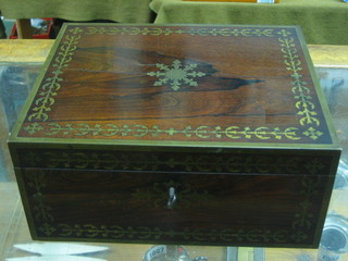 A Victorian square rosewood trinket box with inlaid brass banding 11" (split to top)