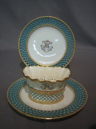 A 19th Century Minton pierced shaped porcelain bowl with gilt banding 6" (f) and 2 matching circular ribbonware plates (1f)