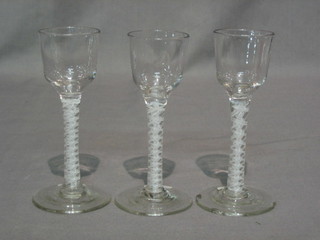 3 18th Century glasses with cotton twist stems 6" (all with chips to feet)
