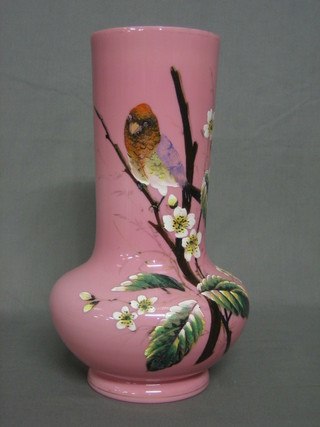 A Victorian opaque glass vase with floral decoration 11 1/2"