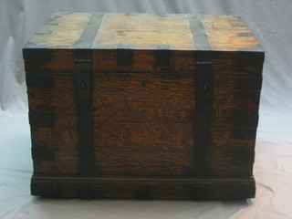A Victorian oak and iron bound strong box with carrying handles to the side, split to the top,  31" 