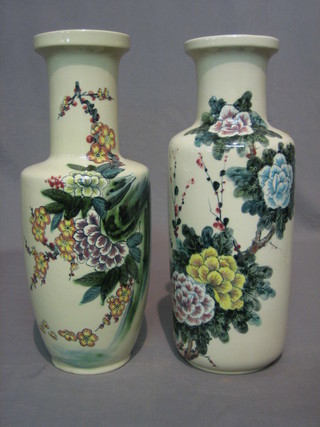A pair of 20th Century Oriental porcelain club shaped vases with floral decoration 16"