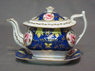 A 19th Century Derby style teapot and stand (finial f, teapot crazed)