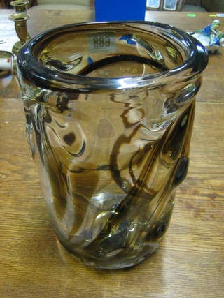 A Whitefriars "Knobbly" clear glass vase with brown streaks, designed by William Wilson and Harry Dyer 10"