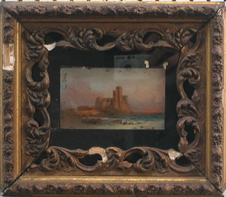 A Victorian oil painting on board "Coastal Scene with Ruined Castle" 3" x 4"