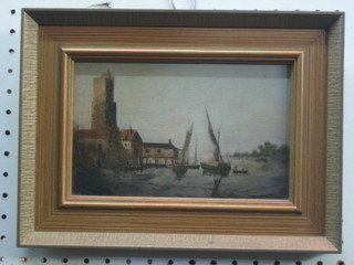 19th Century Dutch School, oil painting on board "Harbour Scene", the reverse with label Harbour Scene near Amsterdam 5" x 8"