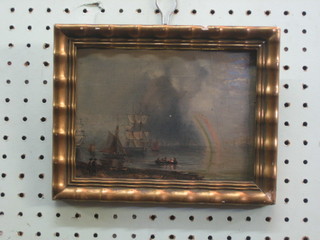 N M Condy, 19th Century oil on card "Sailing Ship at Dusk with Timber and Rainbow" the reverse marked N M Condy Plymouth 5" x 7"