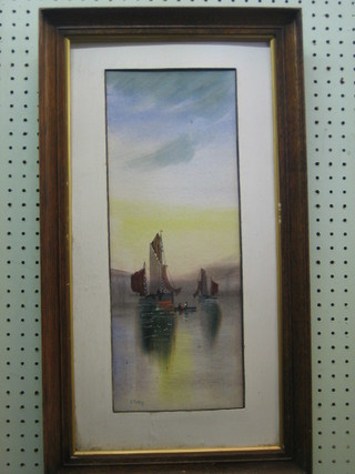 J Morris, Victorian watercolour "Barges at Dusk" 17" x 7"