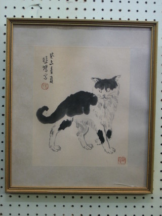 An Oriental monochrome print of a standing cat 10" x 8"
