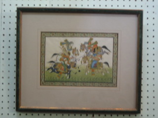 A 19th Century Indian miniature picture on fabric "Polo Scene" 6" x 9" the reverse with explanation letter