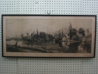 An etching "River Scene with Barge and House" 10" x 37"