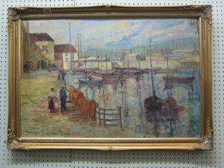 Margaret Crowther? impressionist oil on board "Harbour Scene with Figures" 19" x 29" 