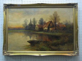 Alexander Jamieson, oil on canvas "River Scene with Pond Church and House" 19" x 29" with label to reverse