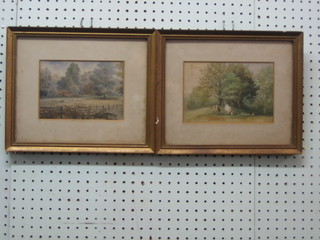 A pair of 19th Century watercolours "Rural Scenes - Paddock with Sheep and Standing Cattle" 5" x 7"