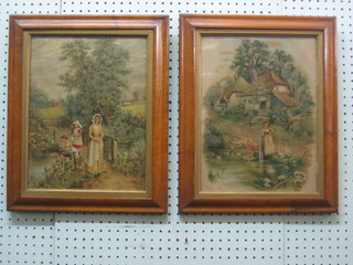 A pair of 19th Century coloured prints "Standing Lady by a Cottage and Duck Pond" and "Lady by a Bridge and River with Fishermen"  13" x 10" contained in maple frames