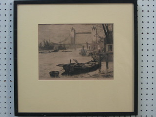 An etching "Tower Bridge" 7" x 10" indistinctly signed