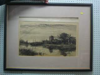 After Haltnight, an etching "Church with River" 14" x 22"